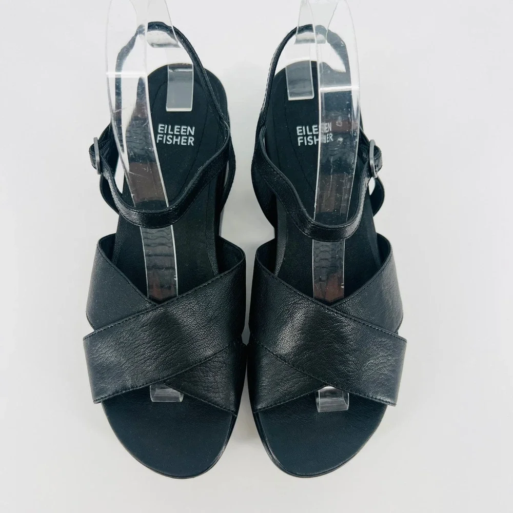 Eileen Fisher Juno Platform Sandals Women 8 Black Leather Chunky Strappy Buckle